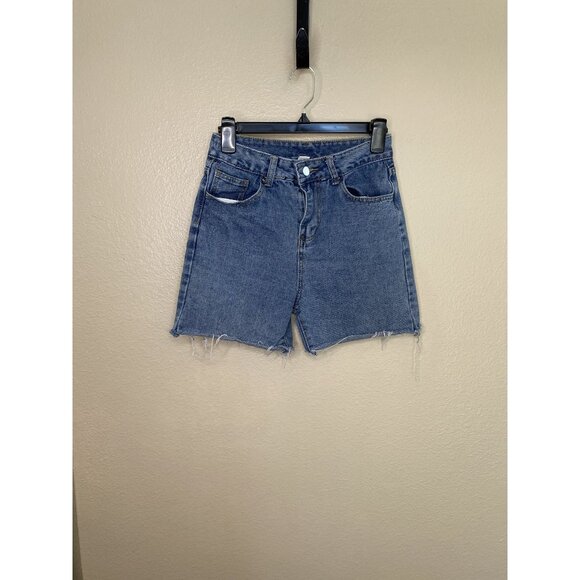 Romwe Womens Denim blue High rise Shorts xs cotton button cutoff bermuda cuffed - Picture 1 of 6